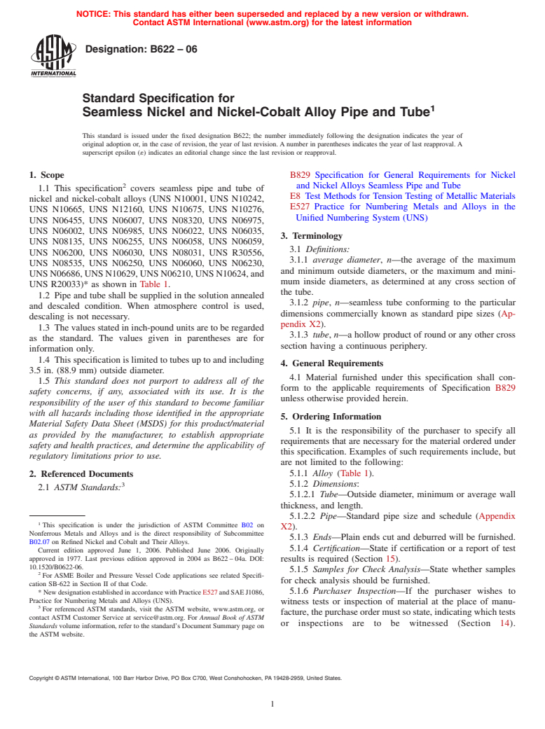 ASTM B622-06 - Standard Specification for Seamless Nickel and Nickel-Cobalt Alloy Pipe and Tube