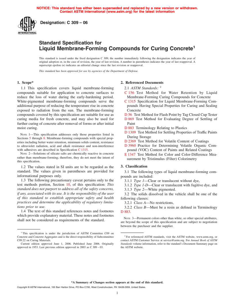 ASTM C309-06 - Standard Specification for Liquid Membrane-Forming Compounds for Curing Concrete