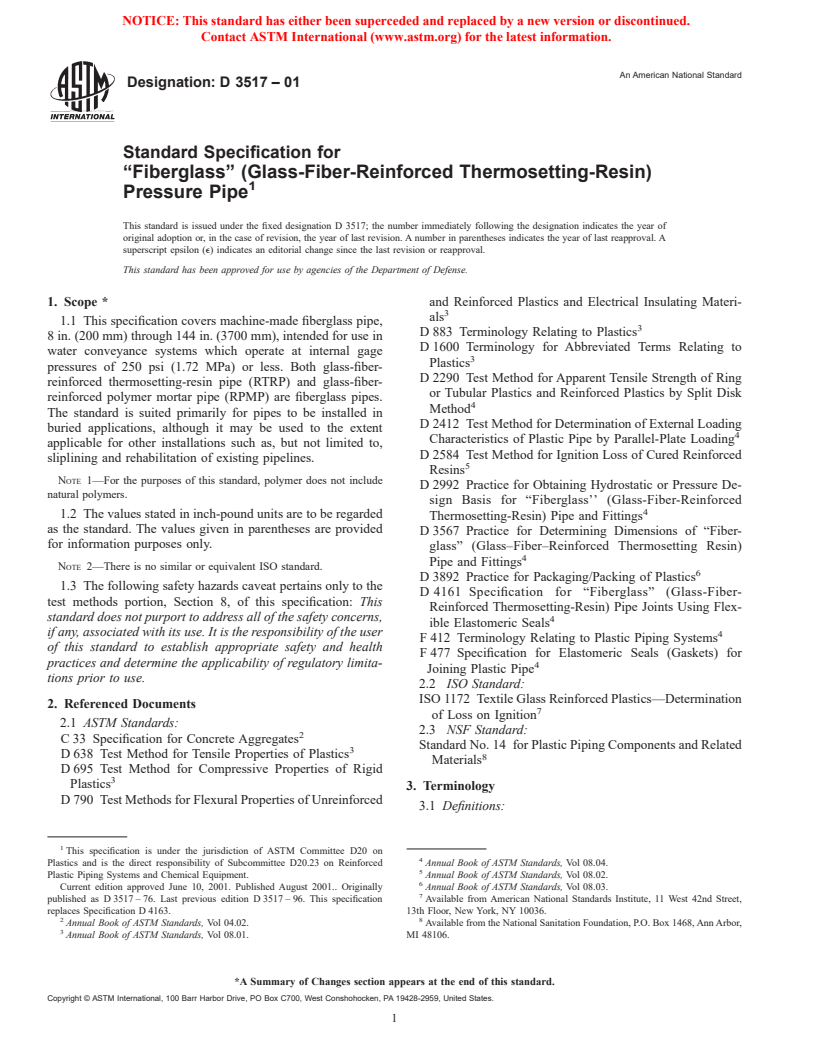 ASTM D3517-01 - Standard Specification for "Fiberglass" (Glass-Fiber-Reinforced Thermosetting-Resin) Pressure Pipe