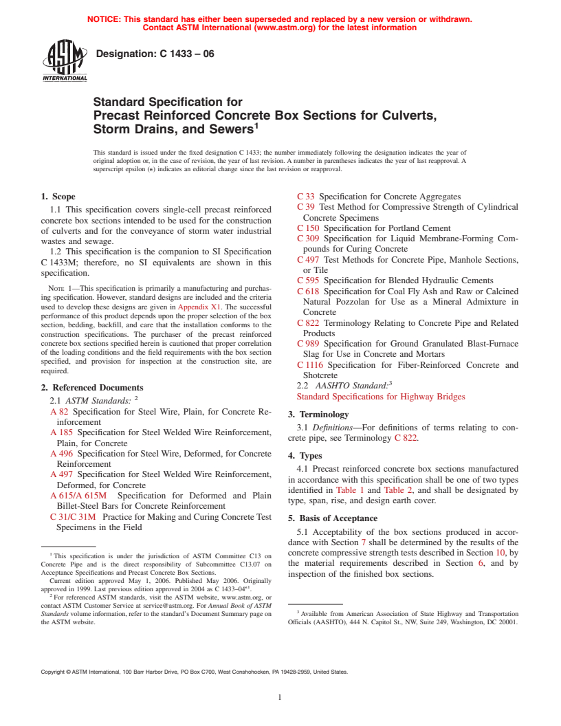 ASTM C1433-06 - Standard Specification for Precast Reinforced Concrete Box Sections for Culverts, Storm Drains, and Sewers