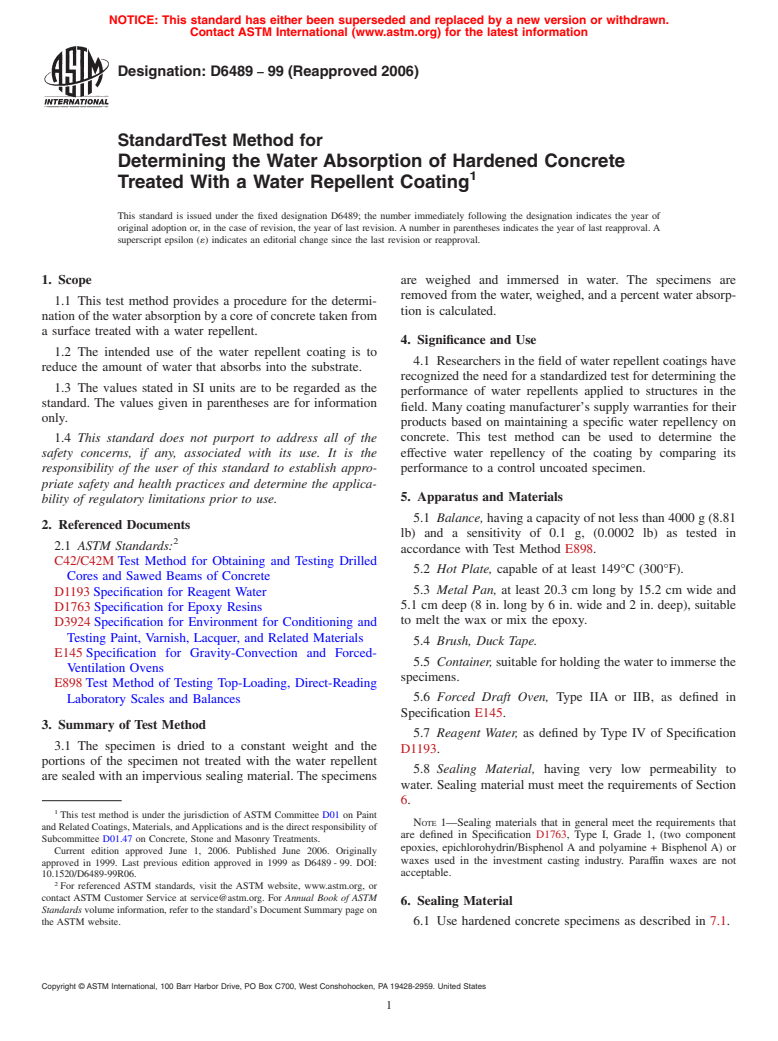 ASTM D6489-99(2006) - Standard Test Method for Determining the Water Absorption of Hardened Concrete Treated With a Water Repellent Coating