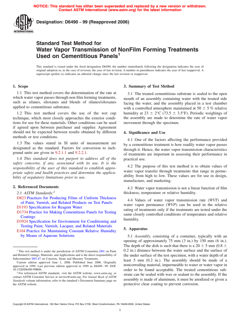 ASTM D6490-99(2006) - Standard Test Method for Water Vapor Transmission of NonFilm Forming Treatments Used on Cementitious Panels