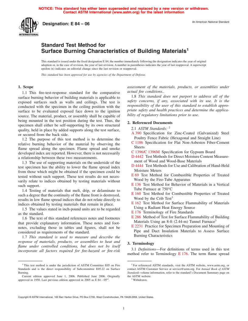 ASTM E84-06 - Standard Test Method for Surface Burning Characteristics of Building Materials