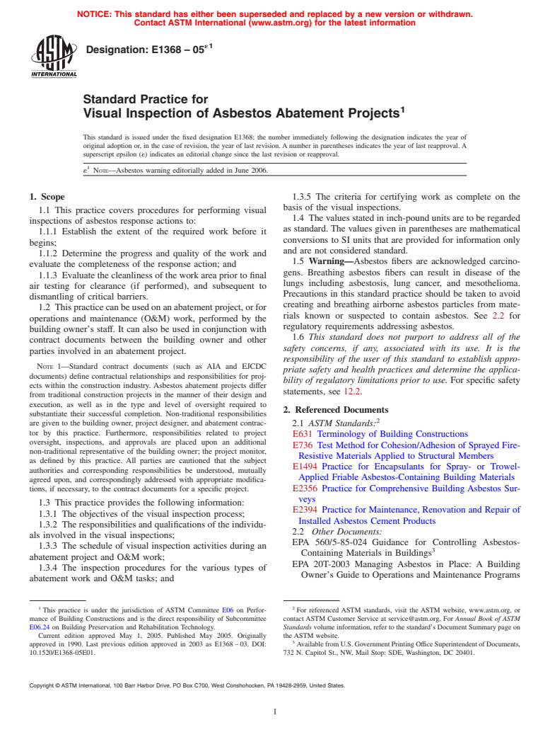 ASTM E1368-05e1 - Standard Practice for Visual Inspection of Asbestos Abatement Projects