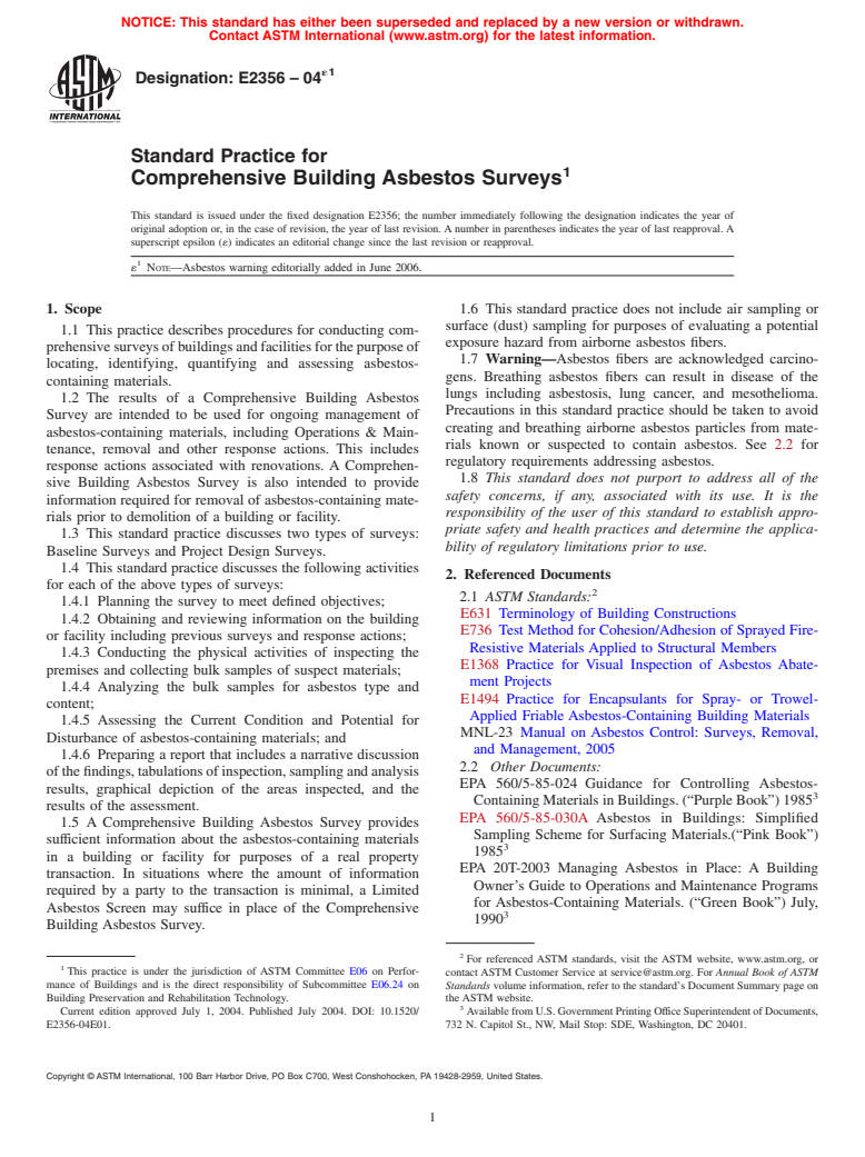 ASTM E2356-04e1 - Standard Practice for Comprehensive Building Asbestos Surveys