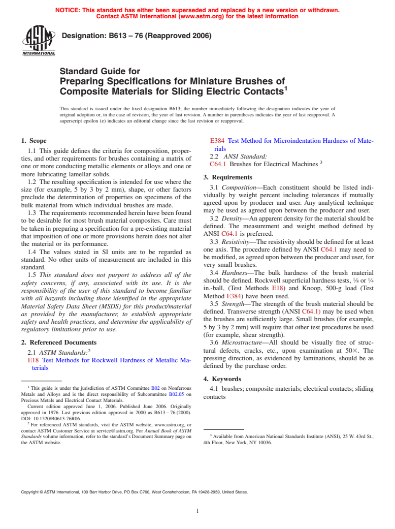 ASTM B613-76(2006) - Standard Guide for Preparing Specifications for Miniature Brushes of Composite Materials for Sliding Electric Contacts