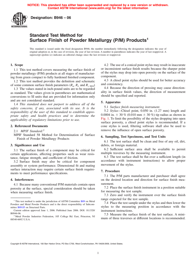 ASTM B946-06 - Standard Test Method for Surface Finish of Powder Metallurgy (P/M) Products