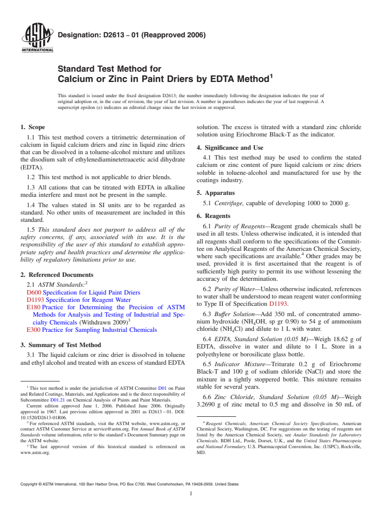 ASTM D2613-01(2006) - Standard Test Method for Calcium or Zinc in Paint Driers by EDTA Method