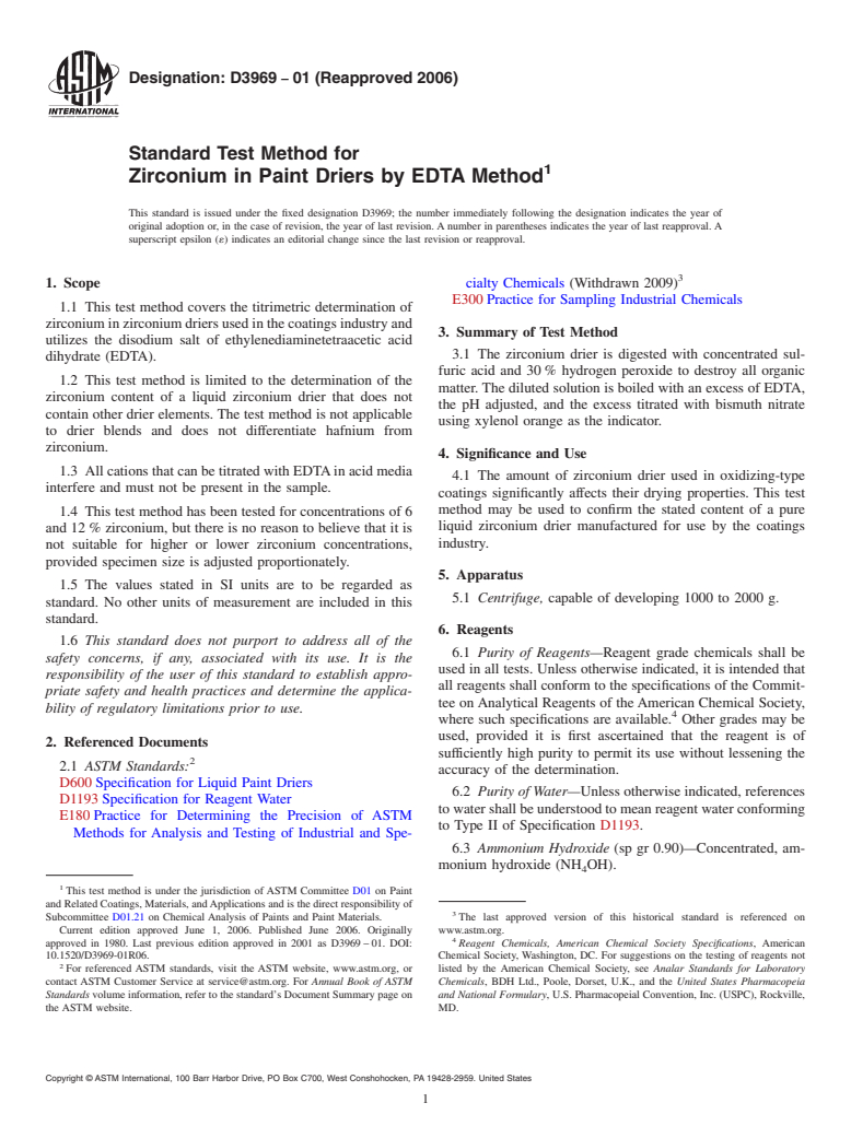 ASTM D3969-01(2006) - Standard Test Method for Zirconium in Paint Driers by EDTA Method