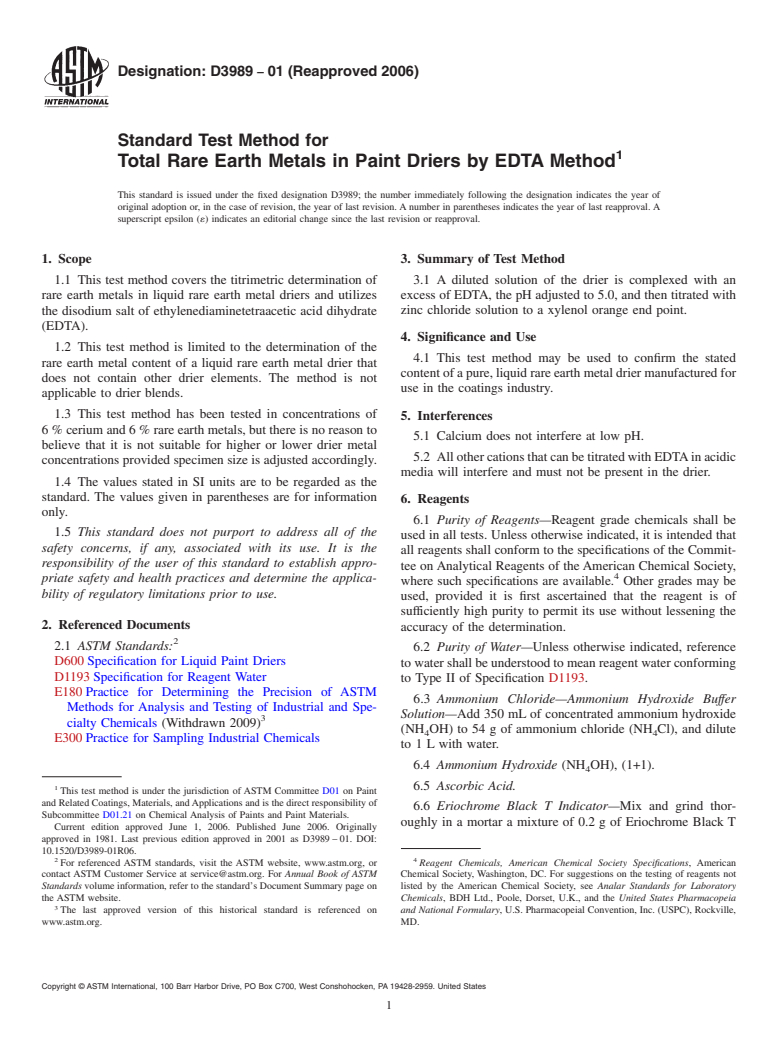 ASTM D3989-01(2006) - Standard Test Method for Total Rare Earth Metals in Paint Driers by EDTA Method