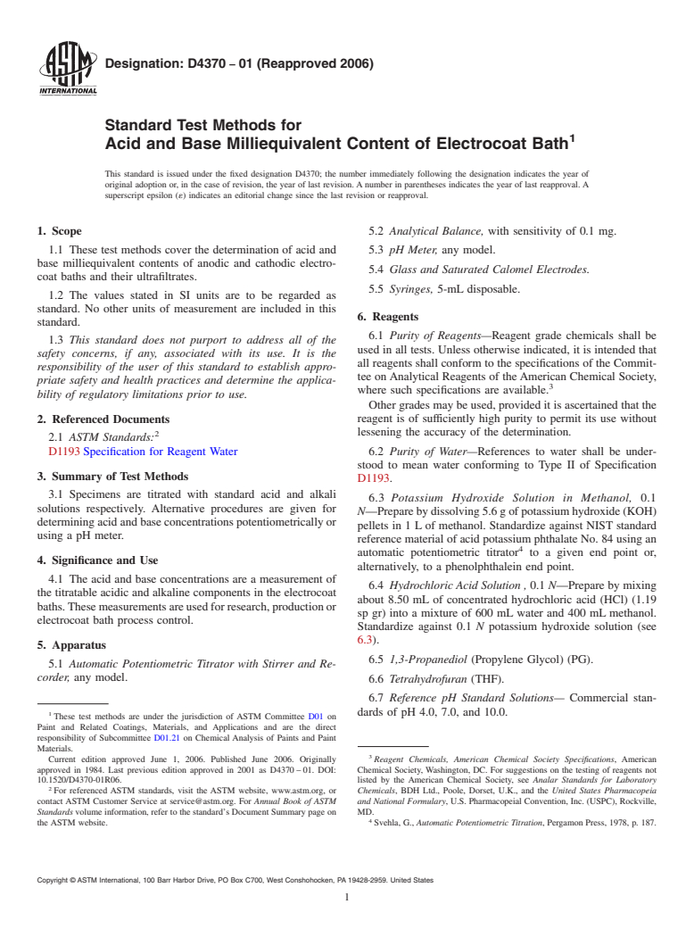 ASTM D4370-01(2006) - Standard Test Methods for Acid and Base Milliequivalent Content of Electrocoat Bath