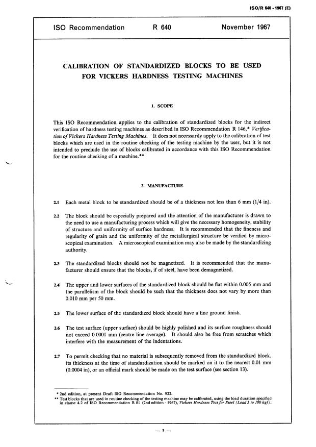 ISO/R 640:1967 - Calibration of standardized blocks to be used for Vickers hardness testing machines