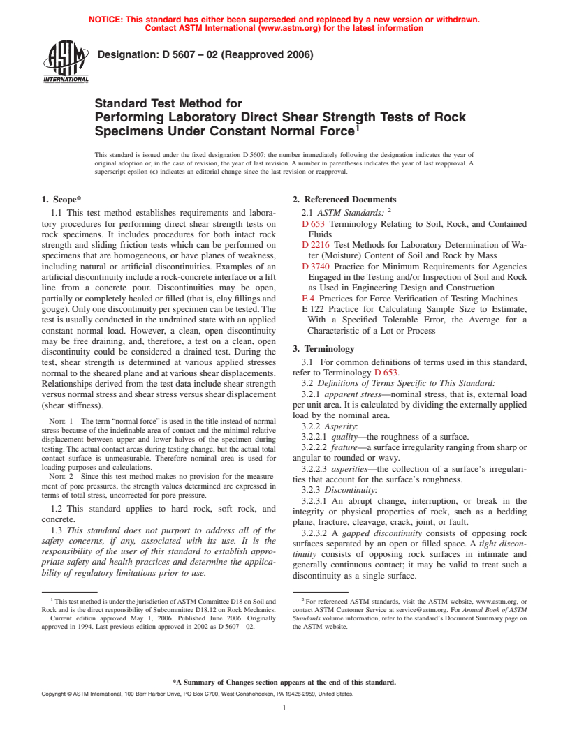 ASTM D5607-02(2006) - Standard Test Method for Performing Laboratory Direct Shear Strength Tests of Rock Specimens Under Constant Normal Force