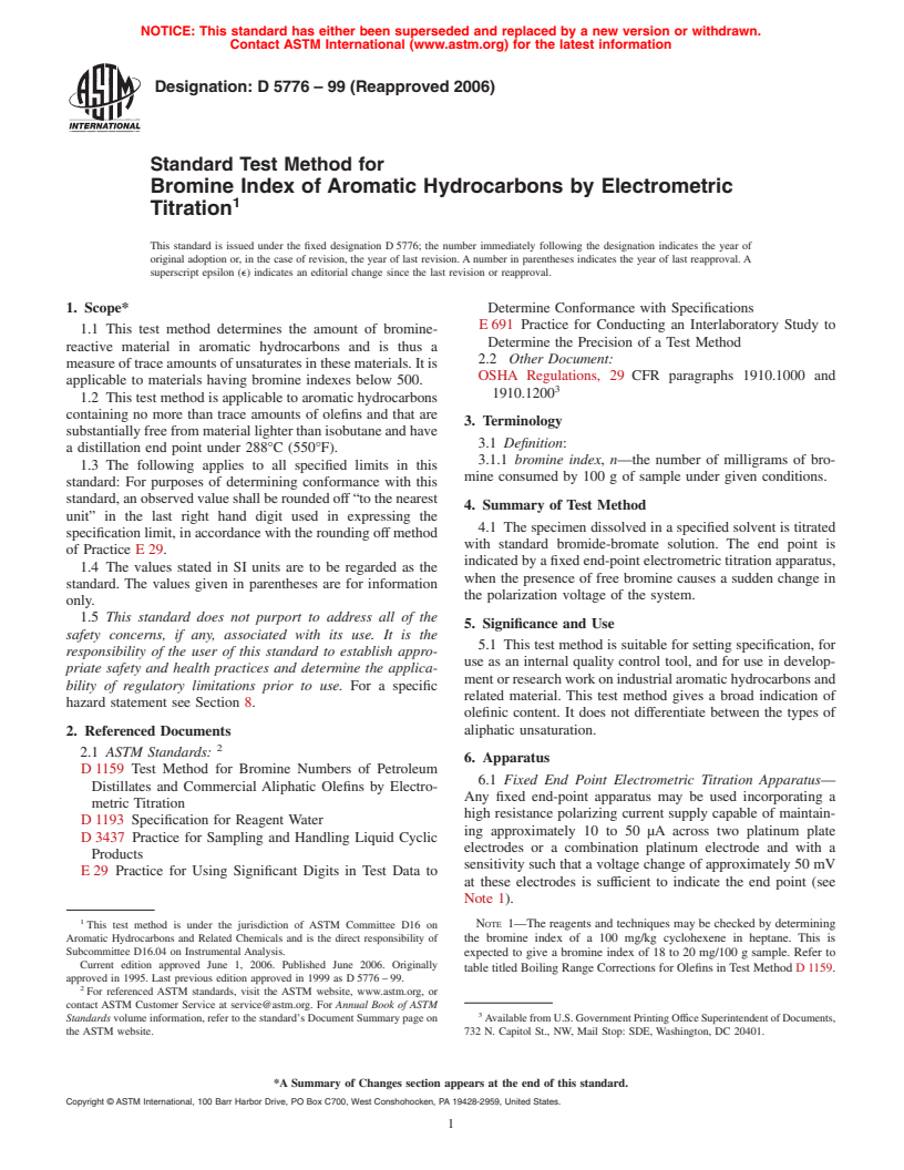 ASTM D5776-99(2006) - Standard Test Method for Bromine Index of Aromatic Hydrocarbons by Electrometric Titration