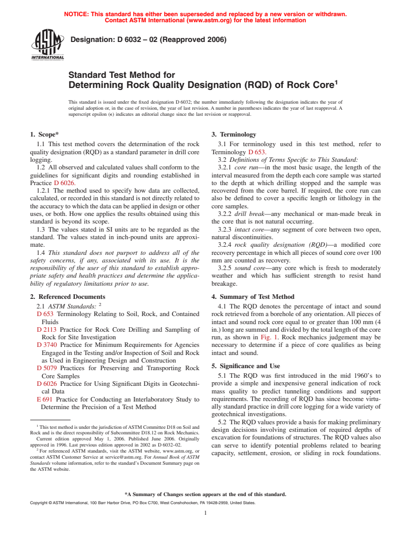 ASTM D6032-02(2006) - Standard Test Method for Determining Rock Quality Designation (RQD) of Rock Core