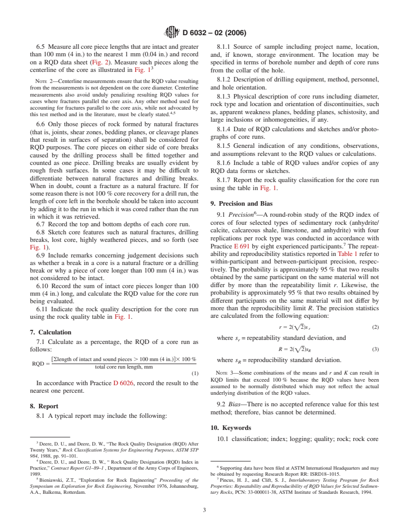 ASTM D6032-02(2006) - Standard Test Method for Determining Rock Quality Designation (RQD) of Rock Core