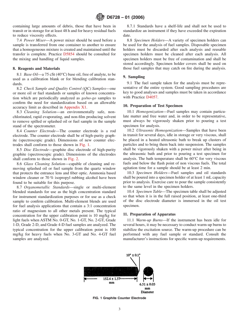 ASTM D6728-01(2006) - Standard Test Method for Determination of Contaminants in Gas Turbine and Diesel Engine Fuel by Rotating Disc Electrode Atomic Emission Spectrometry