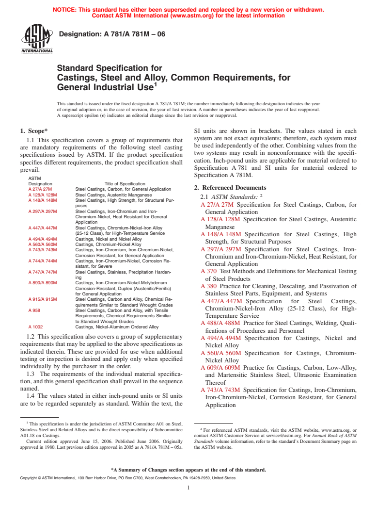 ASTM A781/A781M-06 - Standard Specification for Castings, Steel and Alloy, Common Requirements, for General Industrial Use