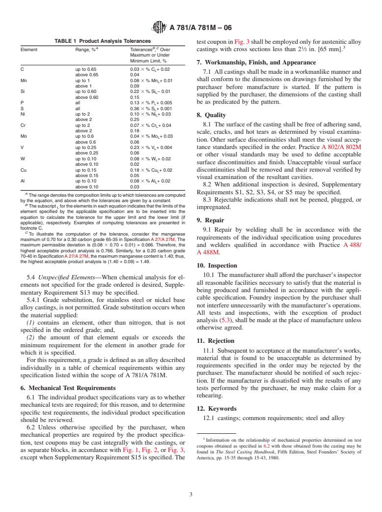 ASTM A781/A781M-06 - Standard Specification for Castings, Steel and Alloy, Common Requirements, for General Industrial Use