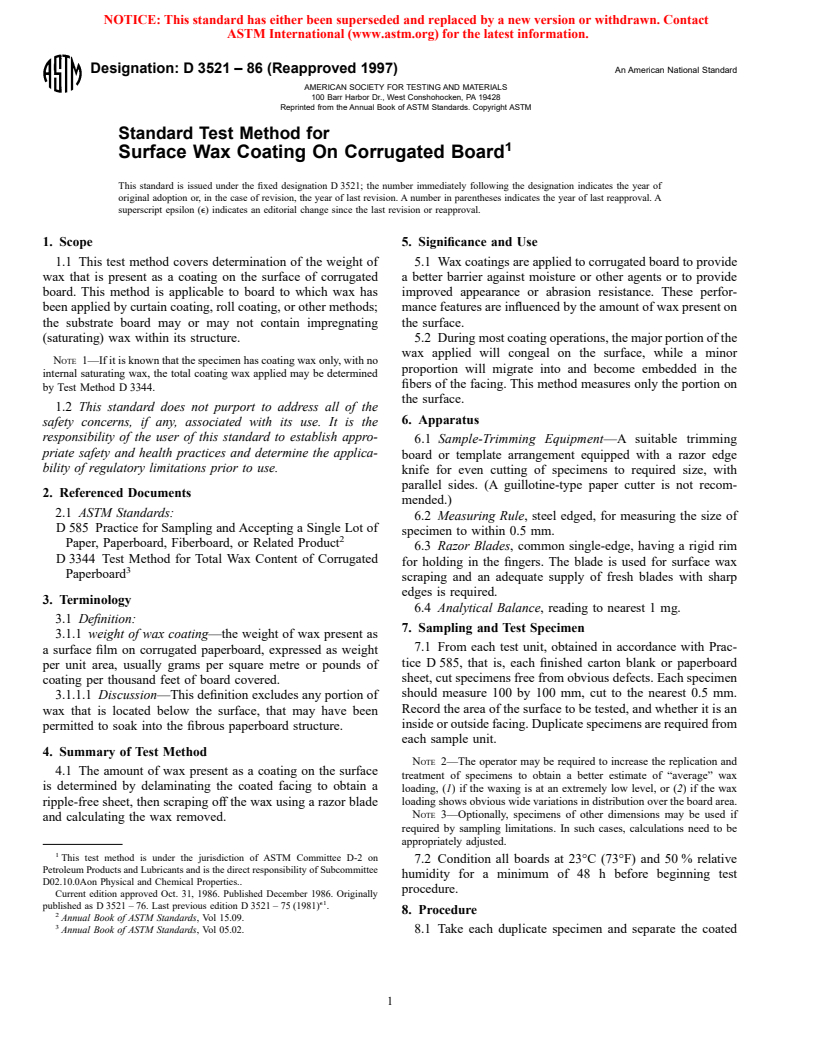 ASTM D3521-86(1997) - Standard Test Method for Surface Wax Coating On Corrugated Board