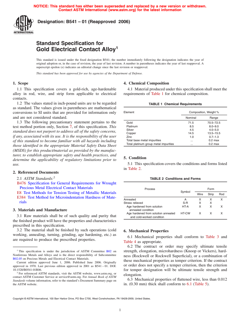 ASTM B541-01(2006) - Standard Specification for Gold Electrical Contact Alloy