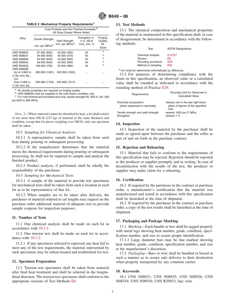 ASTM B649-06 - Standard Specification for Ni-Fe-Cr-Mo-Cu-N Low-Carbon Alloys (UNS N08925, UNS N08031, UNS N08354, and UNS N08926), and Cr-Ni-Fe-N Low-Carbon Alloy (UNS R20033) Bar and Wire, and Ni-Cr-Fe-Mo-N Alloy (UNS N08936) Wire