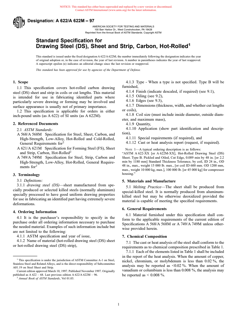 ASTM A622/A622M-97 - Standard Specification for Drawing Steel (DS), Sheet and Strip, Carbon, Hot-Rolled (Withdrawn 2000)