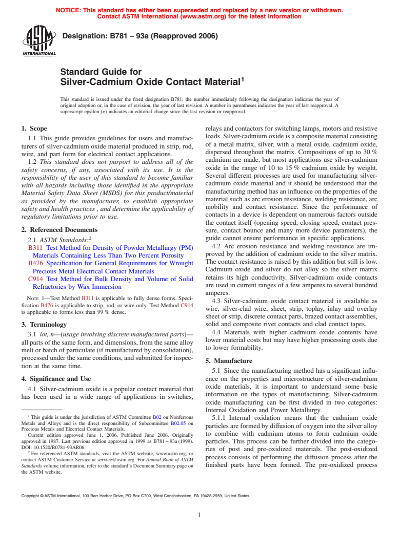 ASTM B781-93a(2006) - Standard Guide for Silver-Cadmium Oxide Contact Material