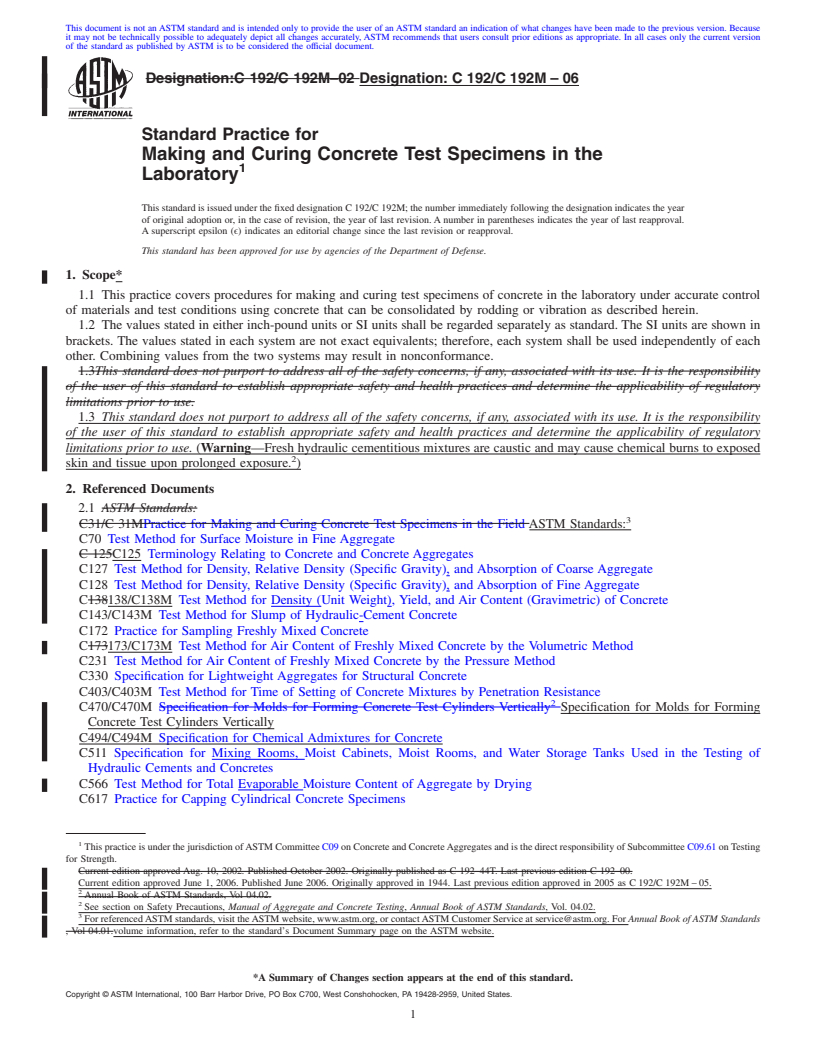 REDLINE ASTM C192/C192M-06 - Standard Practice for Making and Curing Concrete Test Specimens in the Laboratory