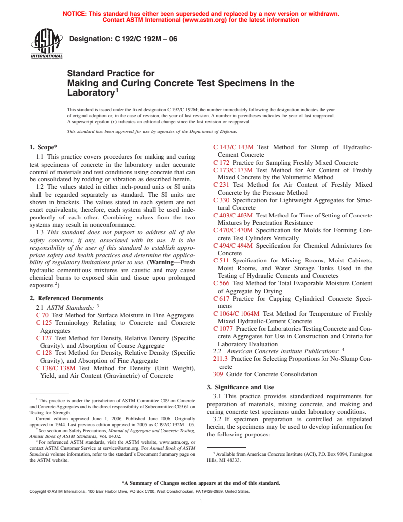 ASTM C192/C192M-06 - Standard Practice for Making and Curing Concrete Test Specimens in the Laboratory