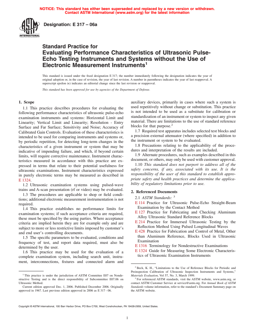 ASTM E317-06 - Standard Practice for Evaluating Performance Characteristics of Ultrasonic Pulse-Echo Testing Instruments and Systems without the Use of Electronic Measurement Instruments