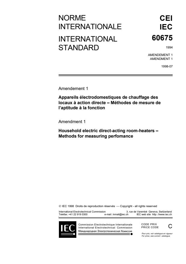 IEC 60675:1994/AMD1:1998 - Amendment 1 - Household electric direct-acting room heaters - Methods for measuring performance