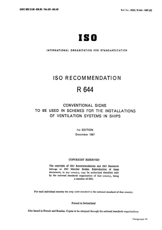 ISO/R 644:1967 - Conventional signs to be used in schemes for the installations of ventilation systems in ships
