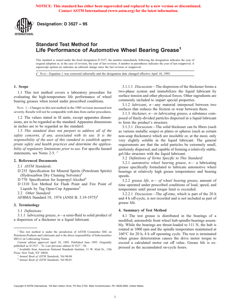 ASTM D3527-95 - Standard Test Method for Life Performance of Automotive Wheel Bearing Grease