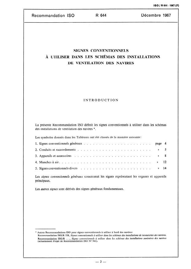 ISO/R 644:1967 - Signes conventionnels a utiliser dans les schémas des installations de ventilation des navires