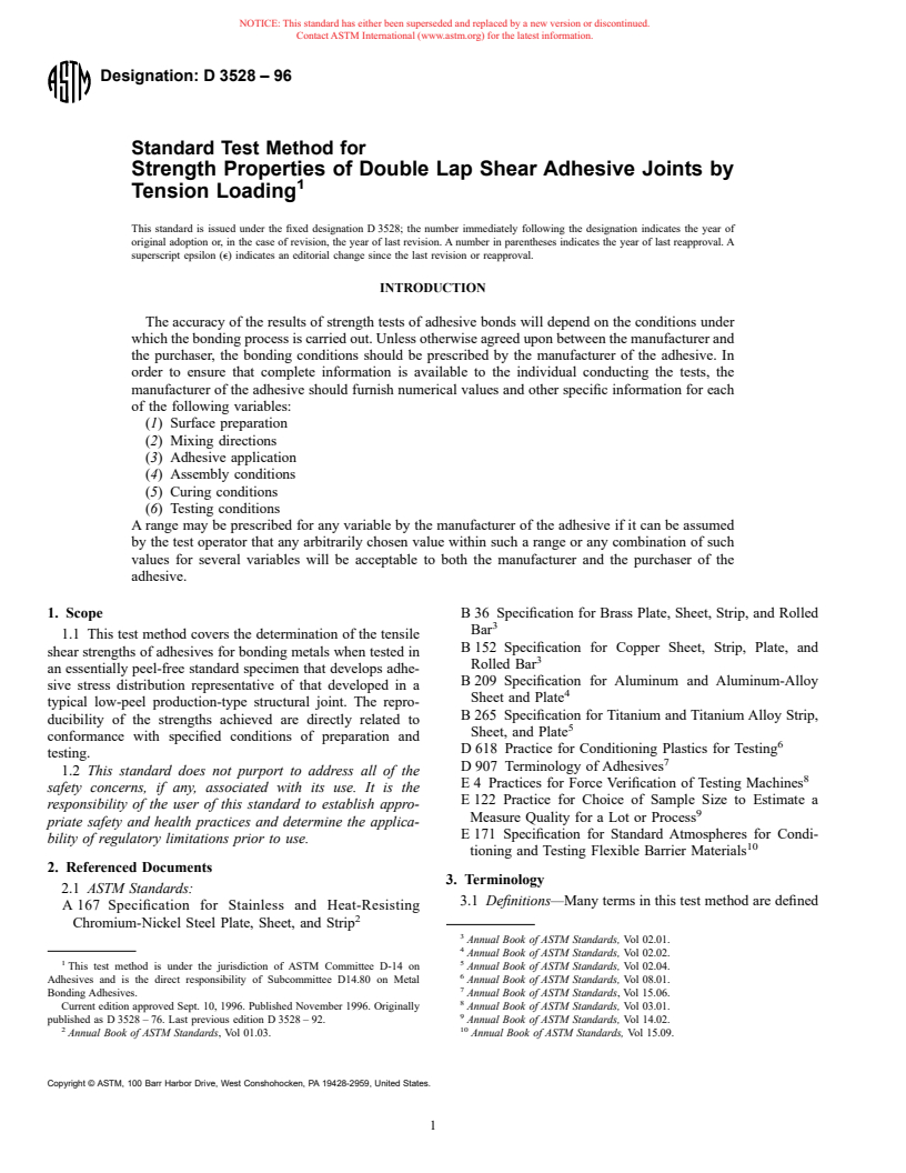 ASTM D3528-96 - Standard Test Method for Strength Properties of Double Lap Shear Adhesive Joints by Tension Loading