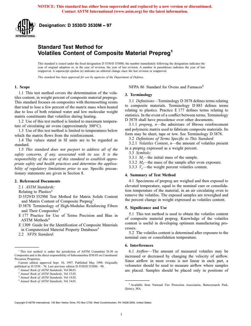 ASTM D3530/D3530M-97 - Standard Test Method for Volatiles Content of Composite Material Prepreg