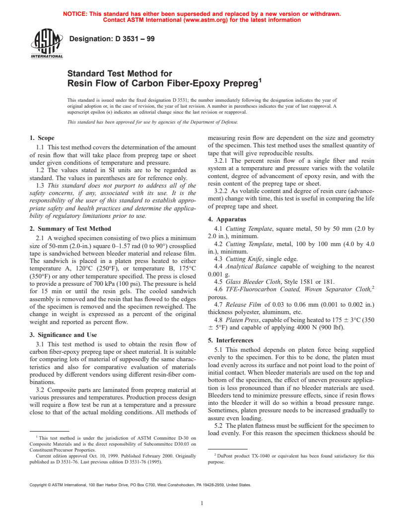 ASTM D3531-99 - Standard Test Method for Resin Flow of Carbon Fiber-Epoxy Prepreg