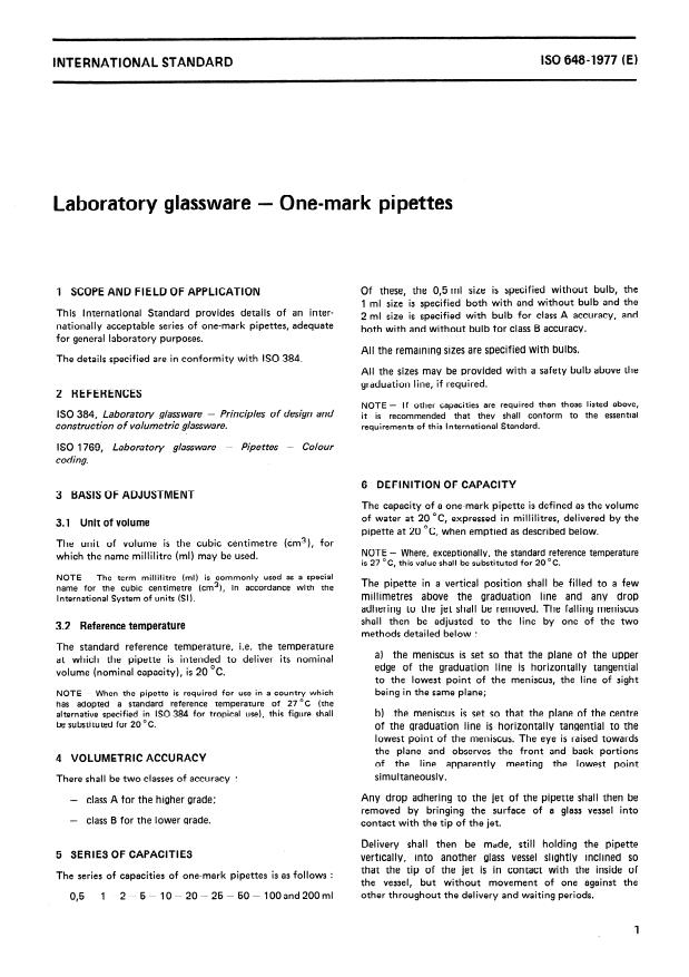 ISO 648:1977 - Laboratory glassware -- One-mark pipettes