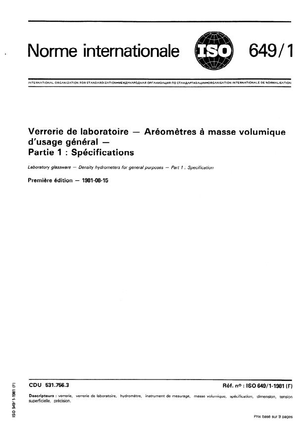 ISO 649-1:1981 - Verrerie de laboratoire -- Aréometres a masse volumique d'usage général