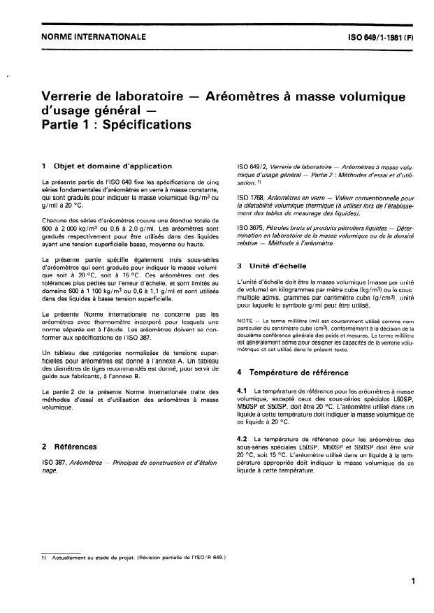 ISO 649-1:1981 - Verrerie de laboratoire -- Aréometres a masse volumique d'usage général