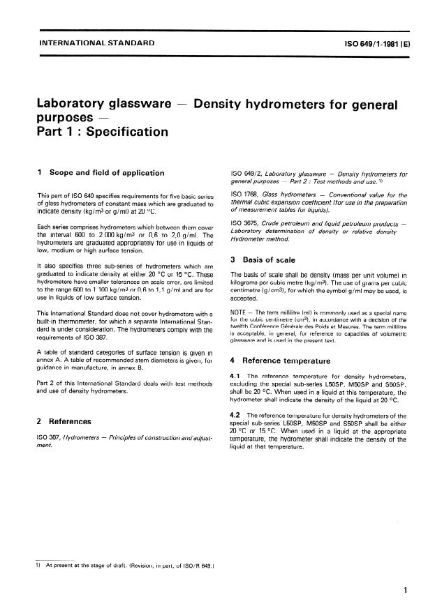 ISO 649-1:1981 - Laboratory glassware -- Density hydrometers for general purposes