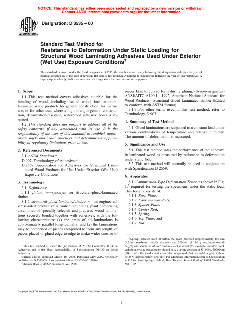 ASTM D3535-00 - Standard Test Method for Resistance to Deformation Under Static Loading for Structural Wood Laminating Adhesives Used Under Exterior (Wet Use) Exposure Conditions