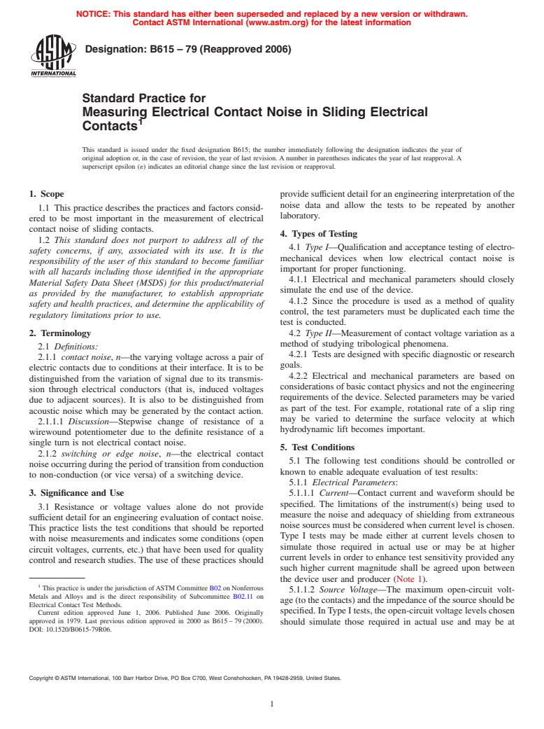 ASTM B615-79(2006) - Standard Practice for Measuring Electrical Contact Noise in Sliding Electrical Contacts