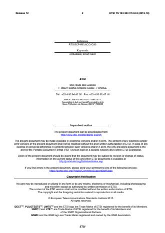 SIST-TS ETSI/TS 103 383 V12.8.0:2016 ETSI TS 103 383 V12.8.0 (2015-10) - Smart Cards; Embedded UICC; Requirements Specification (Release 12) - Page 2 preview
