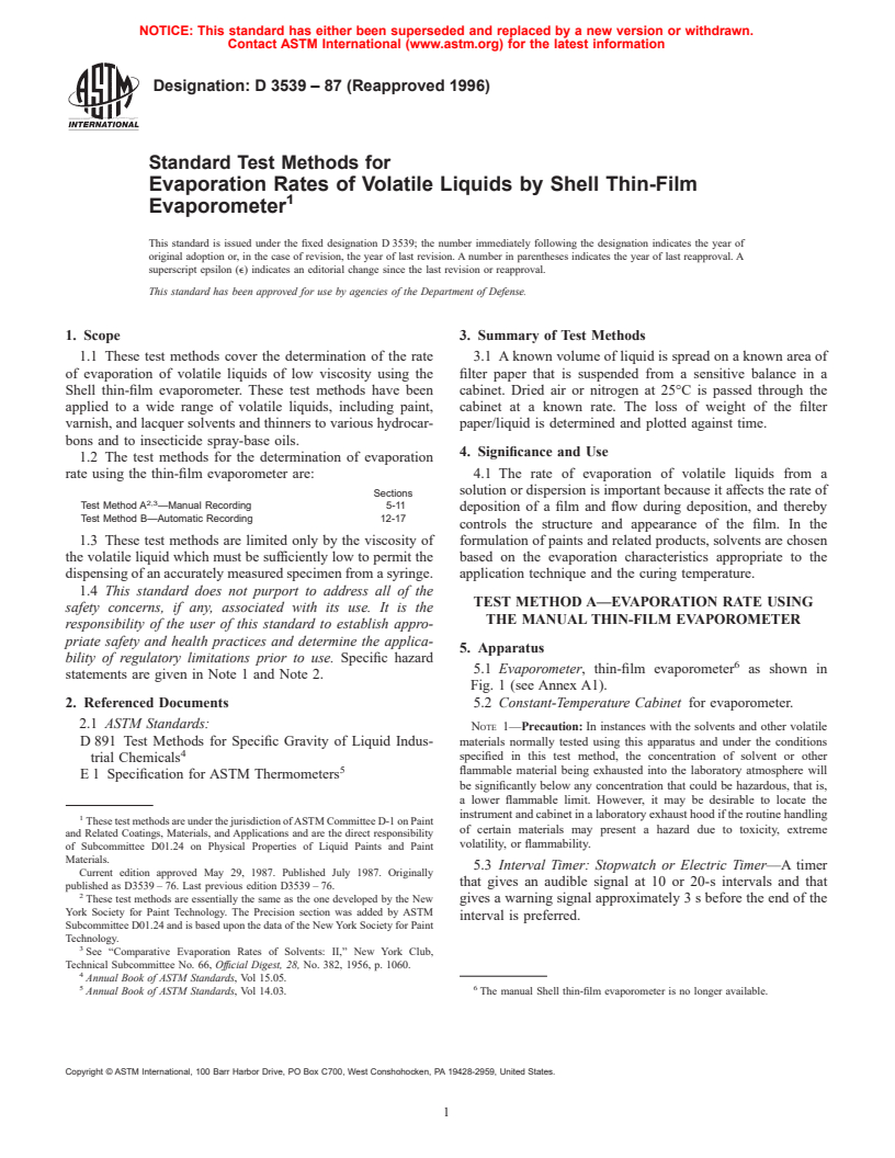 ASTM D3539-87(1996) - Standard Test Methods for Evaporation Rates of Volatile Liquids by Shell Thin-Film Evaporometer