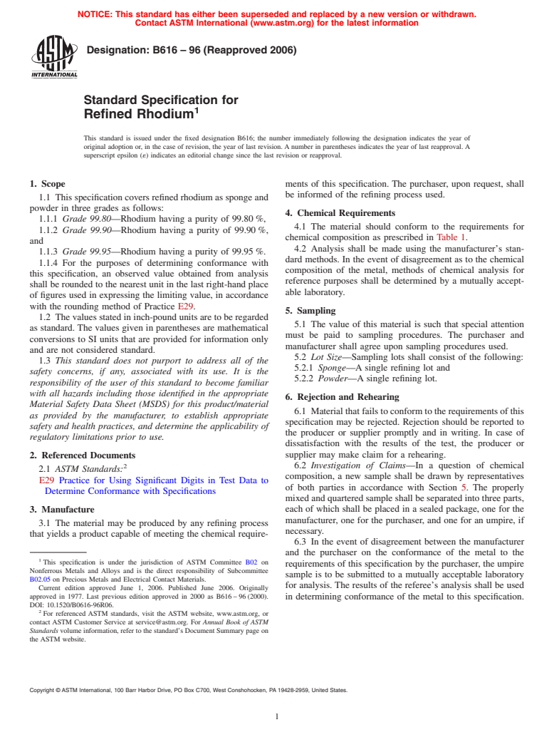 ASTM B616-96(2006) - Standard Specification for Refined Rhodium