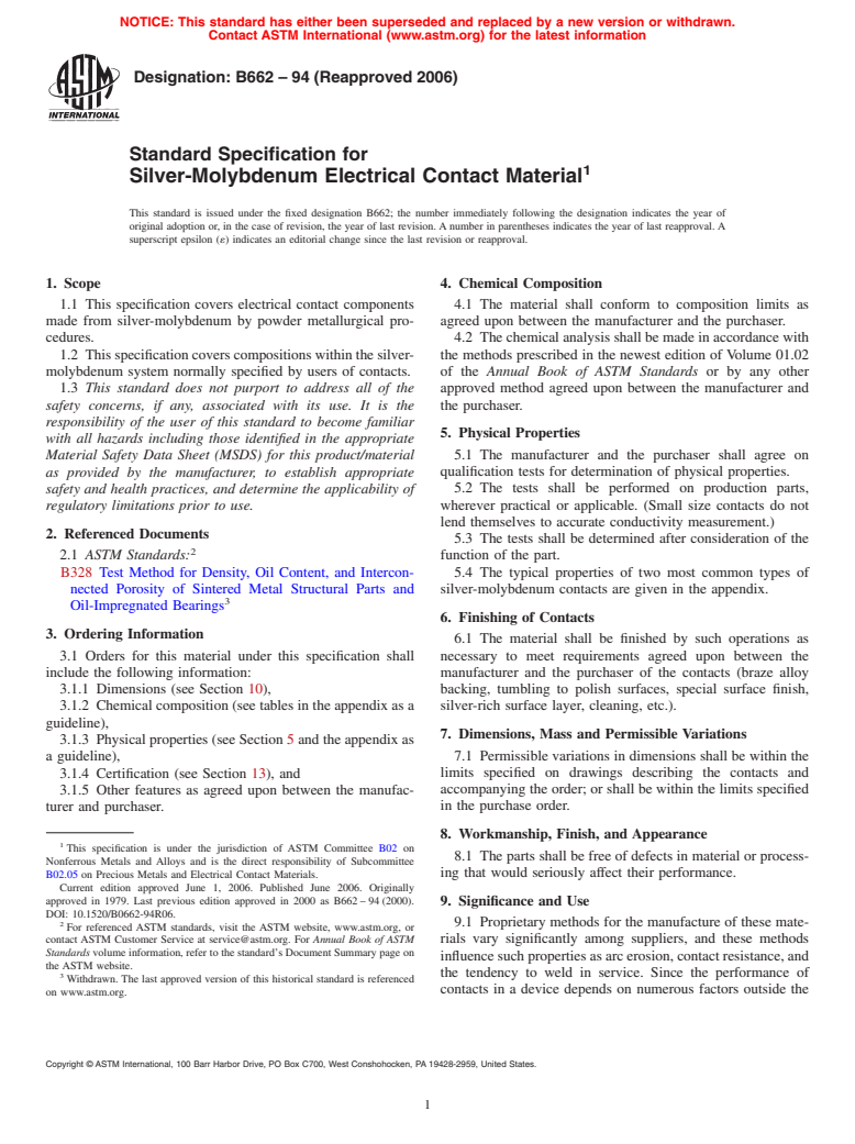 ASTM B662-94(2006) - Standard Specification for Silver-Molybdenum Electrical Contact Material