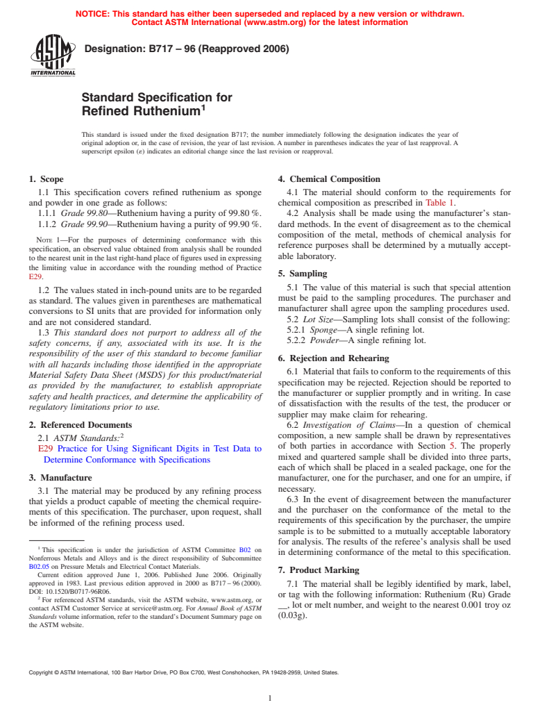 ASTM B717-96(2006) - Standard Specification for Refined Ruthenium