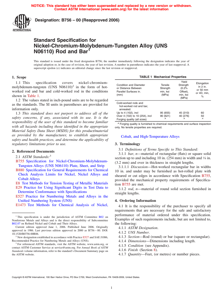 ASTM B756-00(2006) - Standard Specification for Nickel-Chromium-Molybdenum-Tungsten Alloy (UNS N06110) Rod and Bar